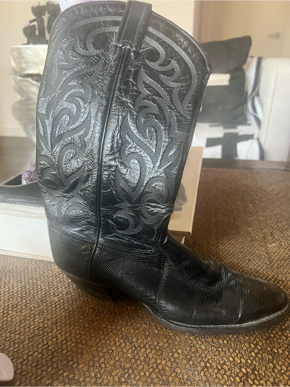 Tony Lama Black Lizard and Embossed Leather Cowboy Boots